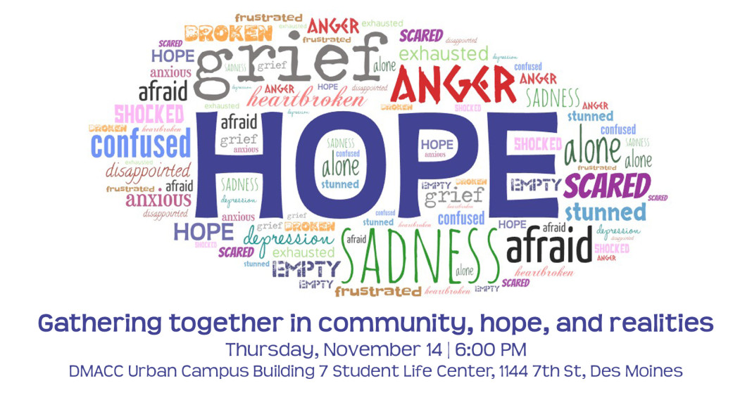 GATHERING TOGETHER IN COMMUNITY, HOPE, AND REALITIES: a word cloud with emotions one might feel post 2024 election